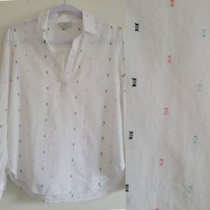 Loft Flecked Embroidered V Neck Blouse Top Size XS